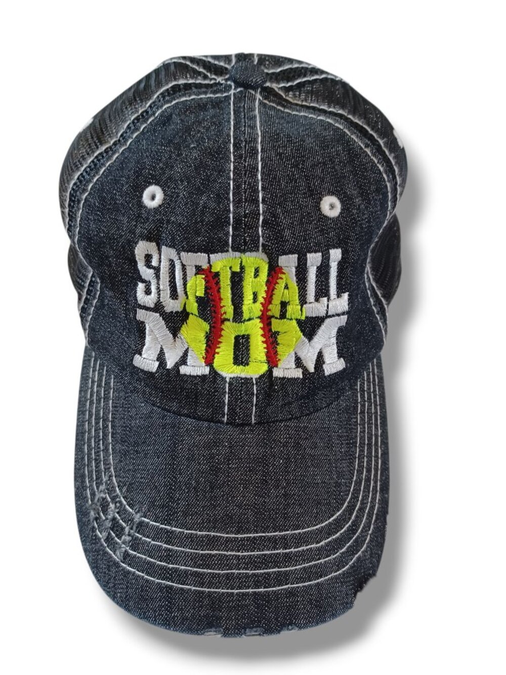 Black Washed Baseball Cap Bill Hat Mesh with Softball Mom Embroidery Curved